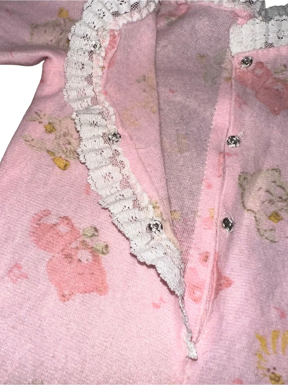 Vintage 60’s Soft Baby Doll Romper Jumpsuit Lace Trim Kitty Cat Print